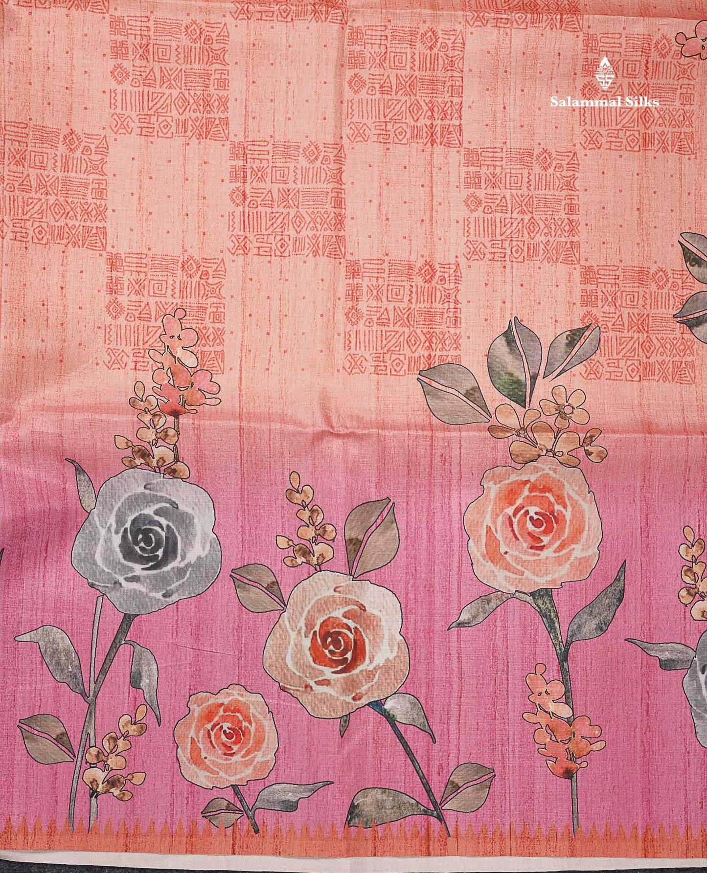 Beautiful Peach Semi Tussar Fancy Saree With Contrast Light Pink Flower Design Border