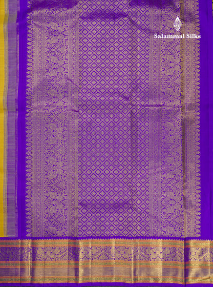 Yellow Beautiful Pure Kanjivaram Silk Saree With Traditional Violet Korvai Border