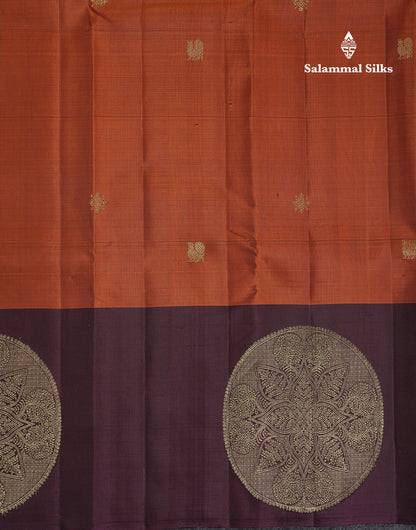 Beautiful Rust Orange Pure Kanjivaram Silk Saree With Contrast Dark Magenta Fancy Border
