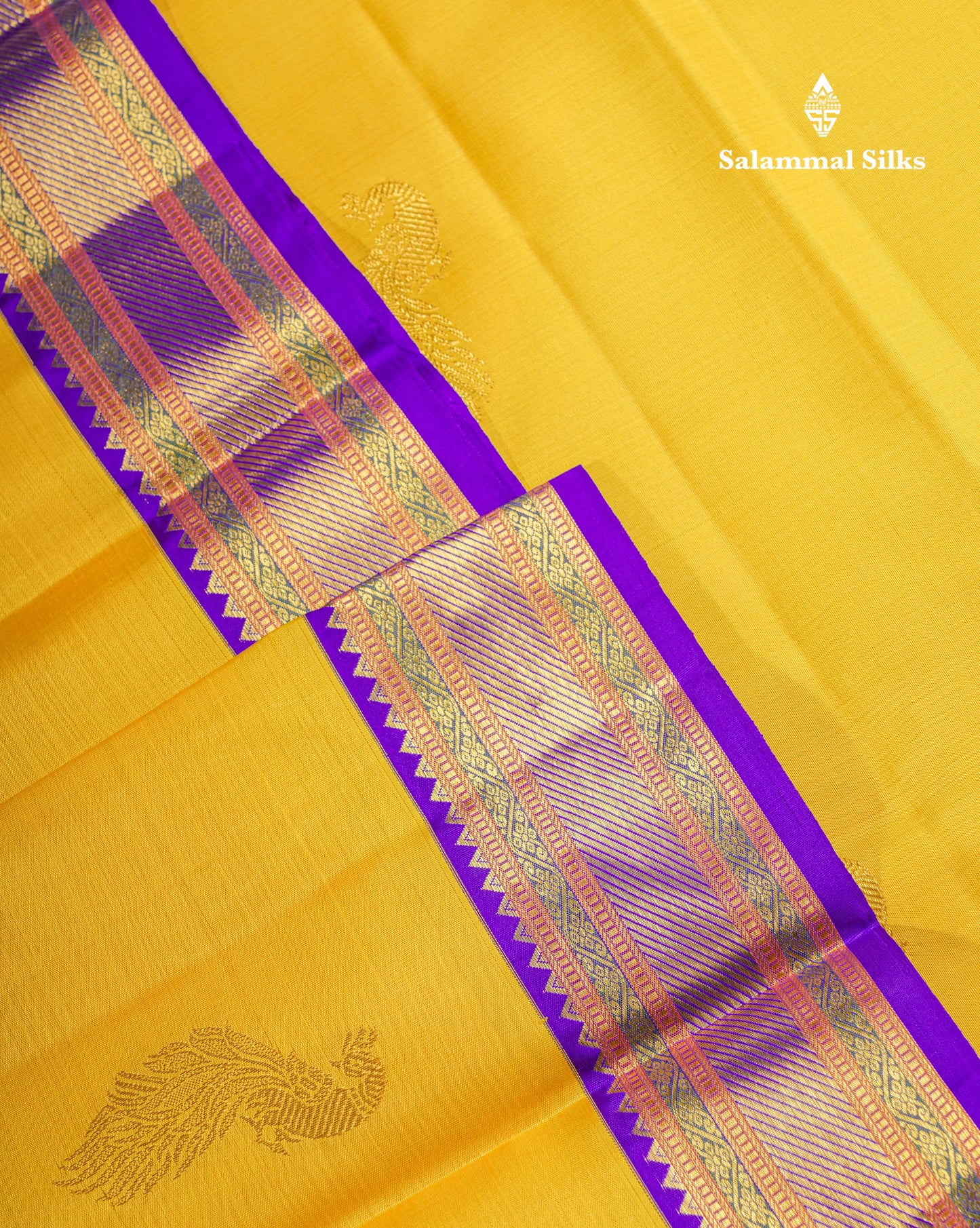 Yellow Beautiful Pure Kanjivaram Silk Saree With Traditional Violet Korvai Border
