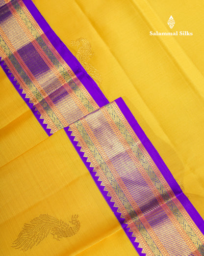 Yellow Beautiful Pure Kanjivaram Silk Saree With Traditional Violet Korvai Border