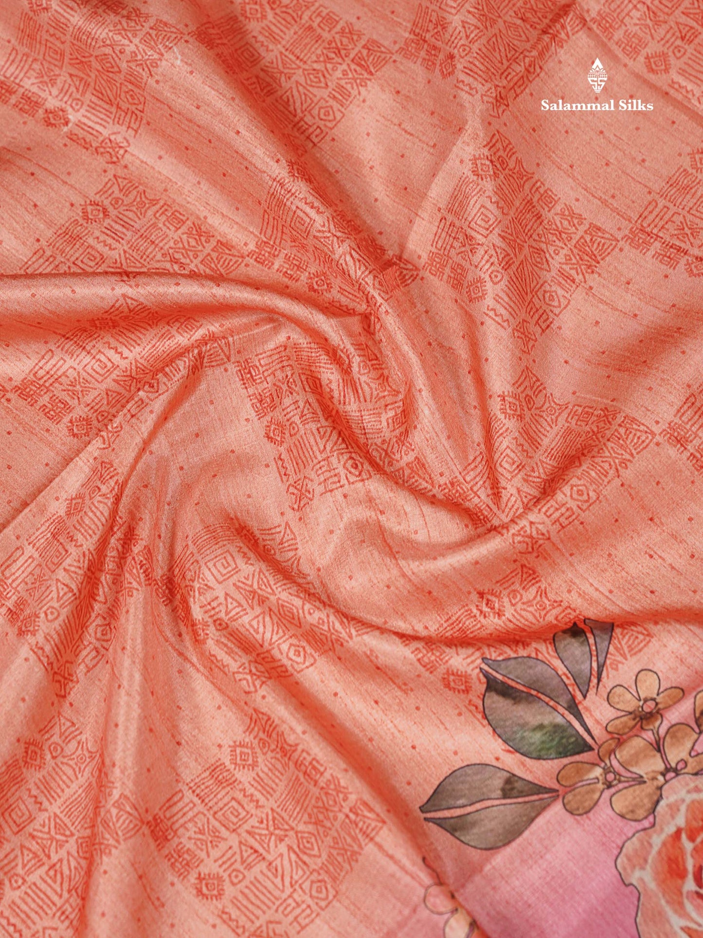 Beautiful Peach Semi Tussar Fancy Saree With Contrast Light Pink Flower Design Border