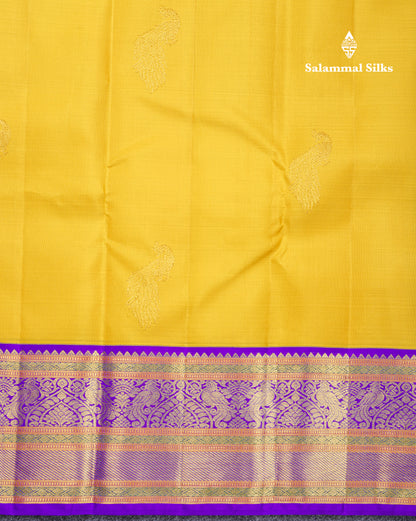 Yellow Beautiful Pure Kanjivaram Silk Saree With Traditional Violet Korvai Border