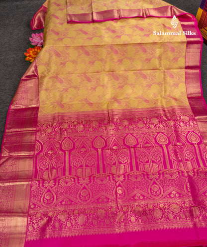 Beautiful Golden Yellow Bridal Pure Kanjivaram Silk Saree With Contrast Magenta Pink Border