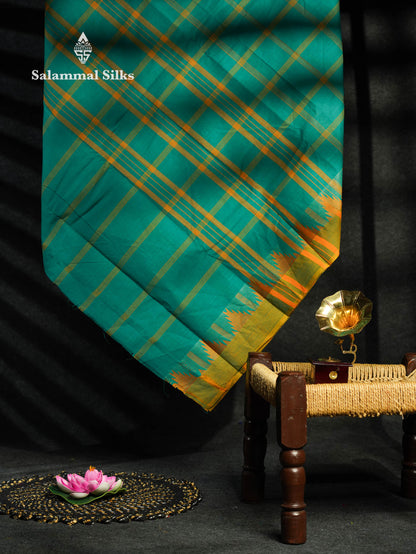 Beautiful Mustard Yellow Thread Checks  Pure Chettinad Cotton Saree With Navy Blue Traditional Temple Border