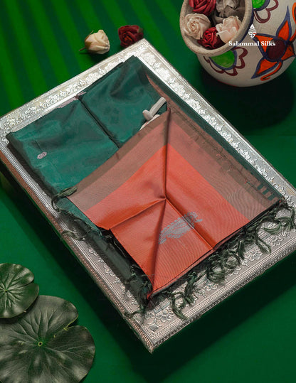 Peach Thread work Buttas Banana Pinth Saree (Vaazhainaar Pattu) With Contrast Peacock Green Blouse