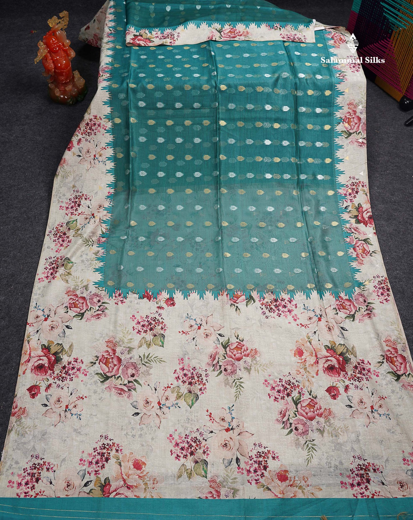 Beautiful Peacock Green Gold & Silver Zari Buttas Semi Organza Saree With Contrast Green White Statin Floral Design Border