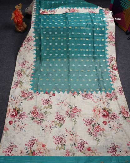 Beautiful Peacock Green Gold & Silver Zari Buttas Semi Organza Saree With Contrast Green White Statin Floral Design Border