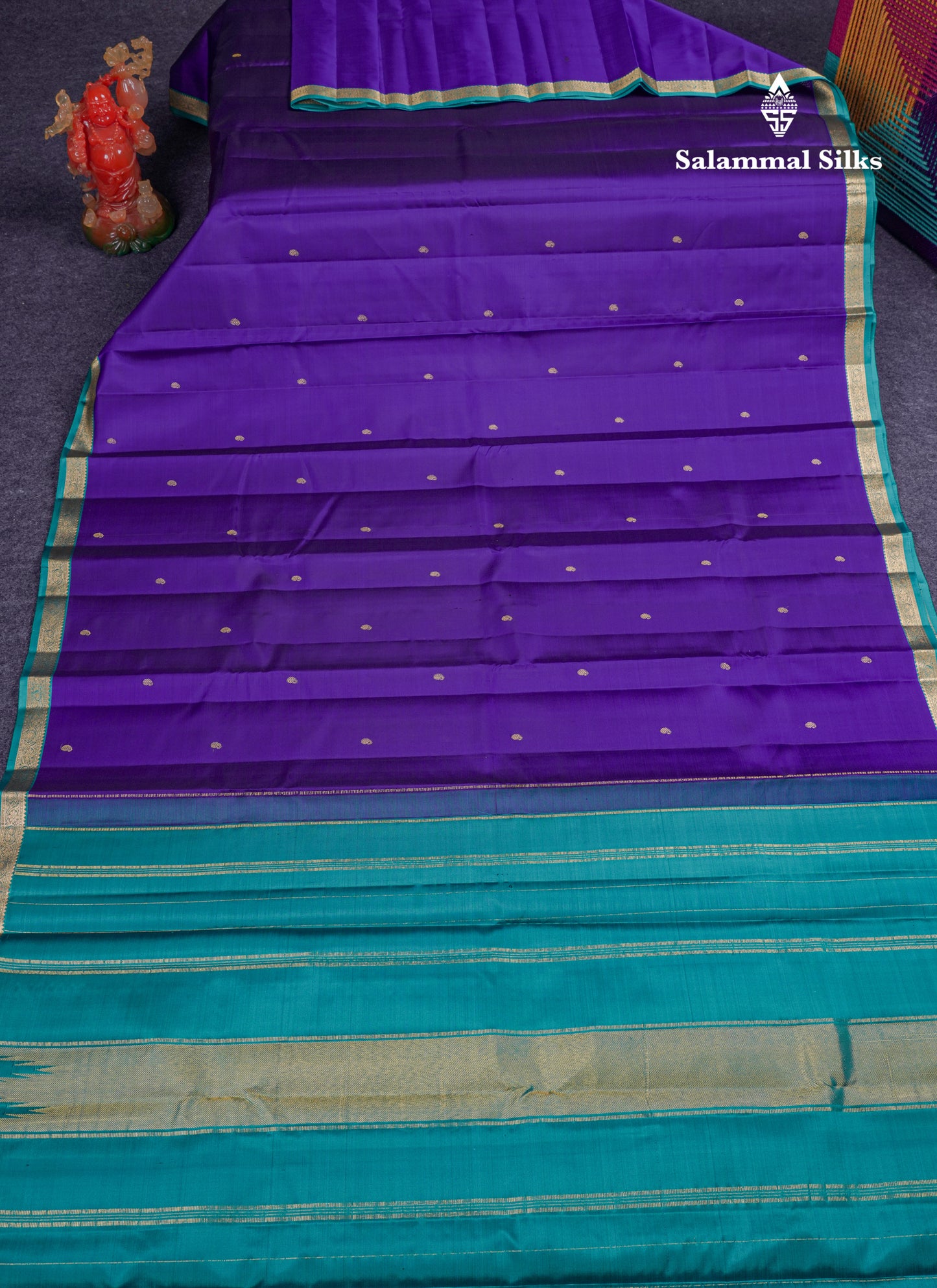 Beautiful Violet Pure Kanjivaram Silk Saree With Contrast Sapphire Green Traditional Small Border