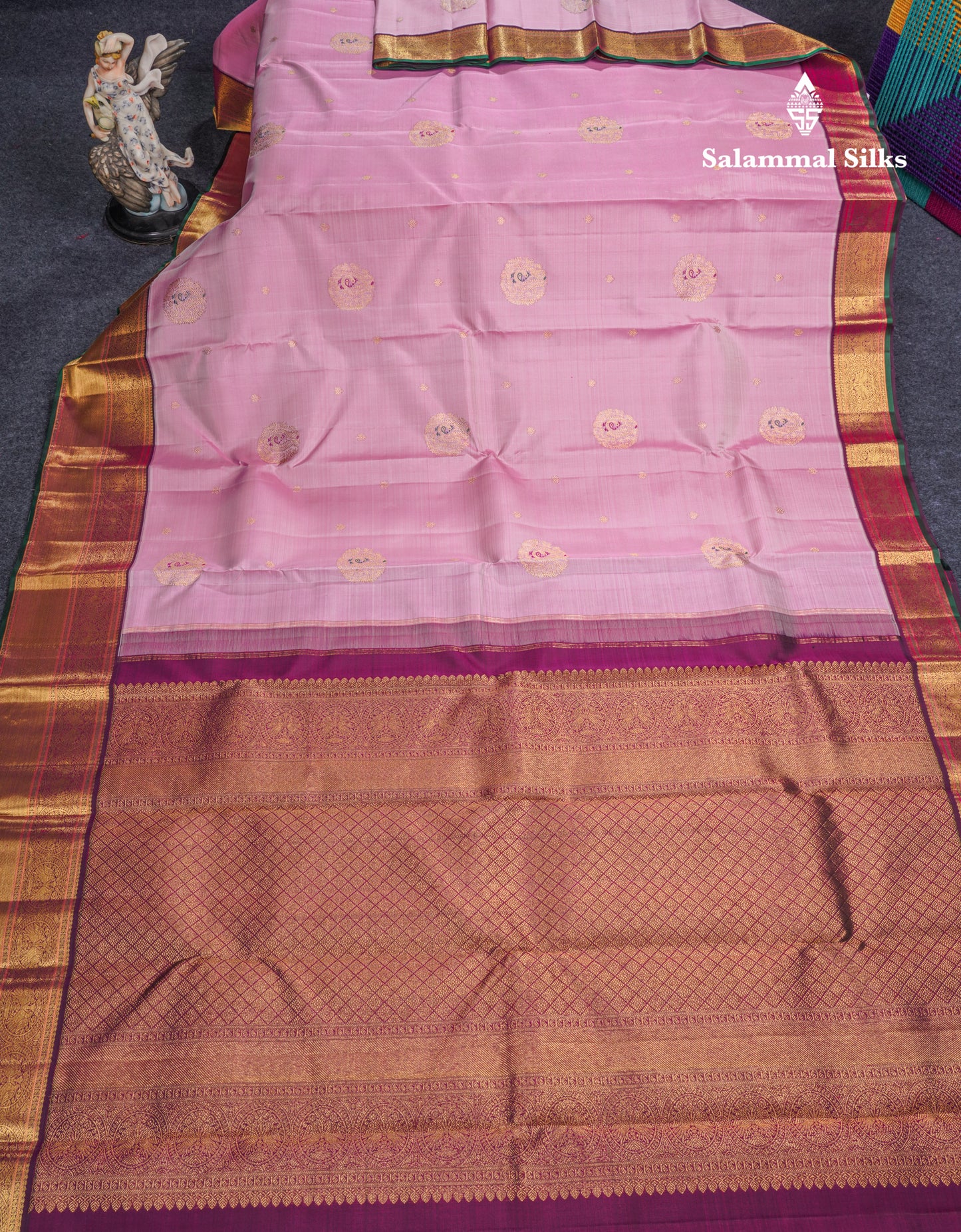 Korvai Light Pink Beautiful Meenakari Work Pure Kanjivaram Silk Saree With Dark MagentaTraditional Evening Morning Border