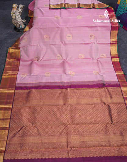 Korvai Light Pink Beautiful Meenakari Work Pure Kanjivaram Silk Saree With Dark MagentaTraditional Evening Morning Border