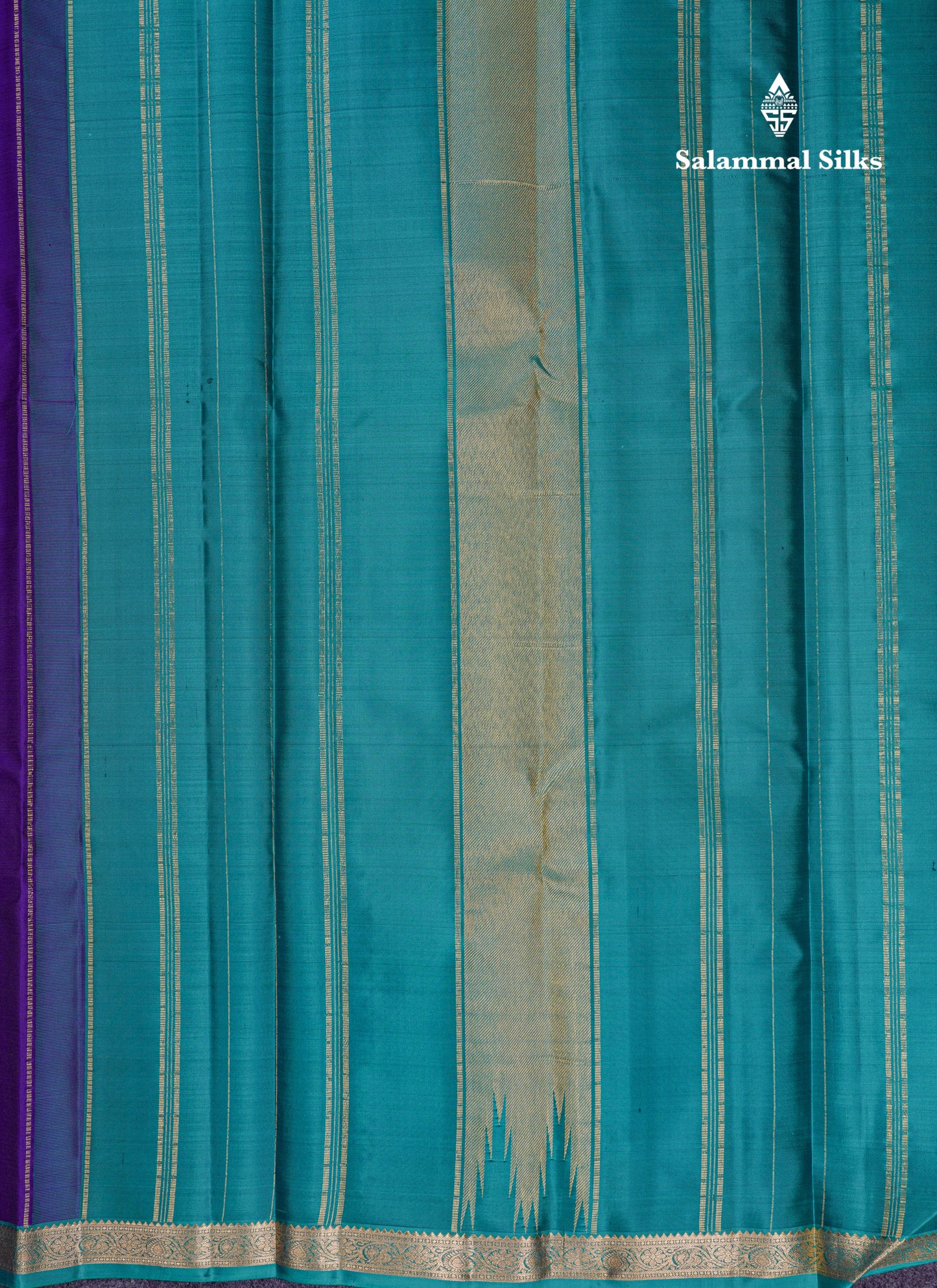 Beautiful Violet Pure Kanjivaram Silk Saree With Contrast Sapphire Green Traditional Small Border