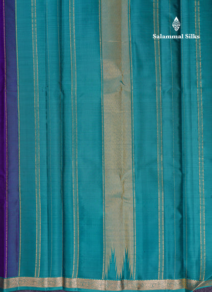 Beautiful Violet Pure Kanjivaram Silk Saree With Contrast Sapphire Green Traditional Small Border