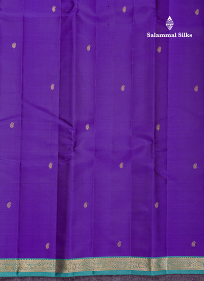 Beautiful Violet Pure Kanjivaram Silk Saree With Contrast Sapphire Green Traditional Small Border