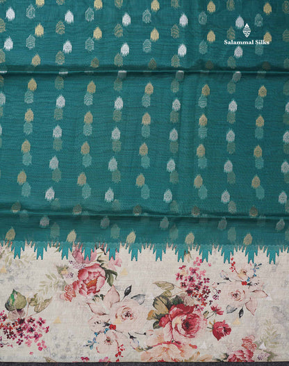 Beautiful Peacock Green Gold & Silver Zari Buttas Semi Organza Saree With Contrast Green White Statin Floral Design Border