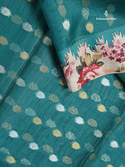 Beautiful Peacock Green Gold & Silver Zari Buttas Semi Organza Saree With Contrast Green White Statin Floral Design Border