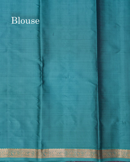 Beautiful Violet Pure Kanjivaram Silk Saree With Contrast Sapphire Green Traditional Small Border