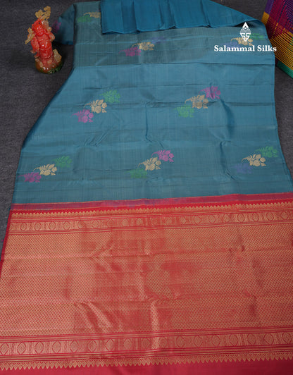 Beautiful Ramar Blue Fancy Pure Kanjivaram Silk Saree With Contrast Dark Maroon Blouse