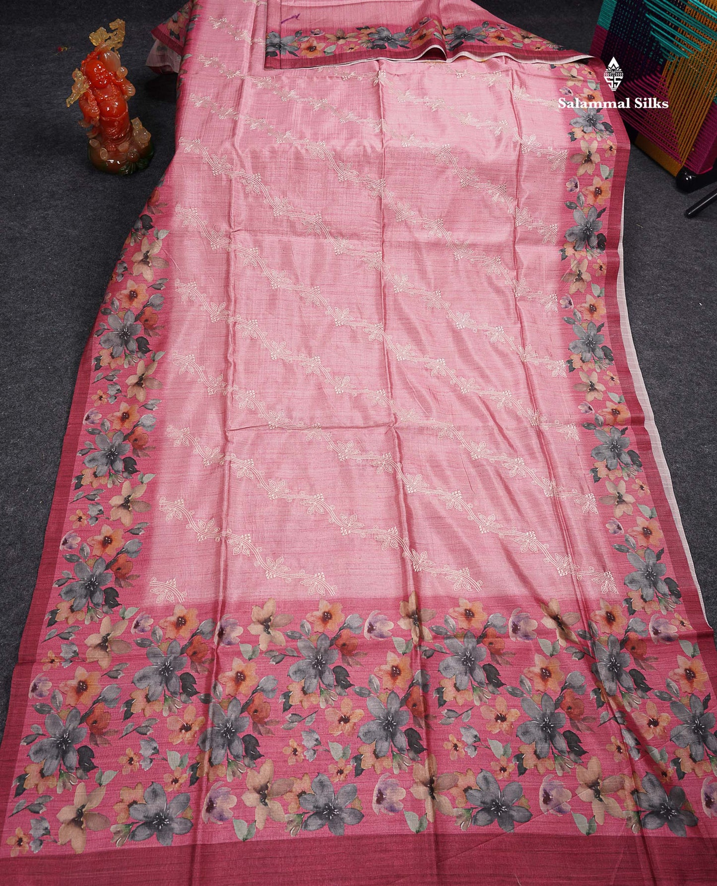 Beautiful Baby Pink Embroidery Work Semi Tussar Saree With Contrast Light Maroon Fancy Border