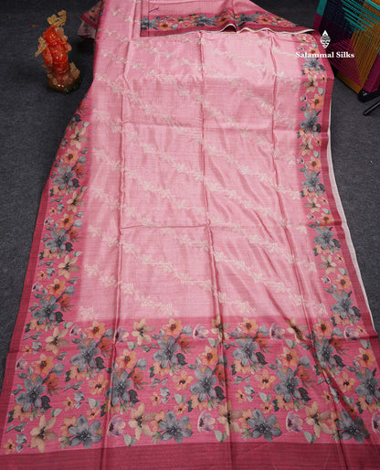 Beautiful Baby Pink Embroidery Work Semi Tussar Saree With Contrast Light Maroon Fancy Border