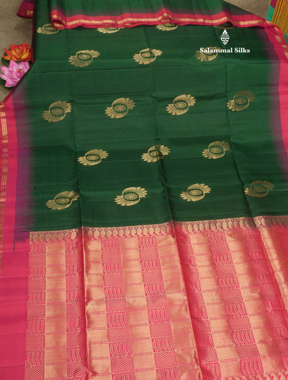 Bottle Green Pure Kanjivaram Soft Silk Saree With Contrast Pink Small Traditional Border