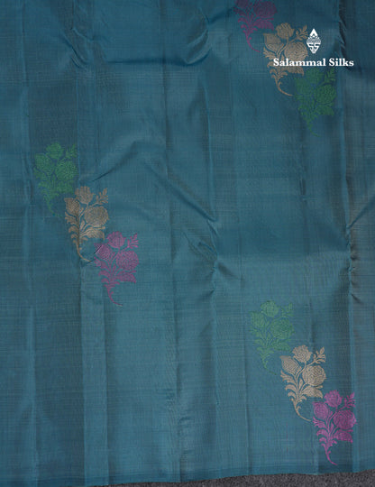 Beautiful Ramar Blue Fancy Pure Kanjivaram Silk Saree With Contrast Dark Maroon Blouse