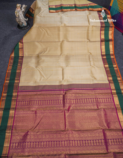 Korvai Beautiful Beige Pure Kanjivaram Silk Saree With Traditional Multicolour Border