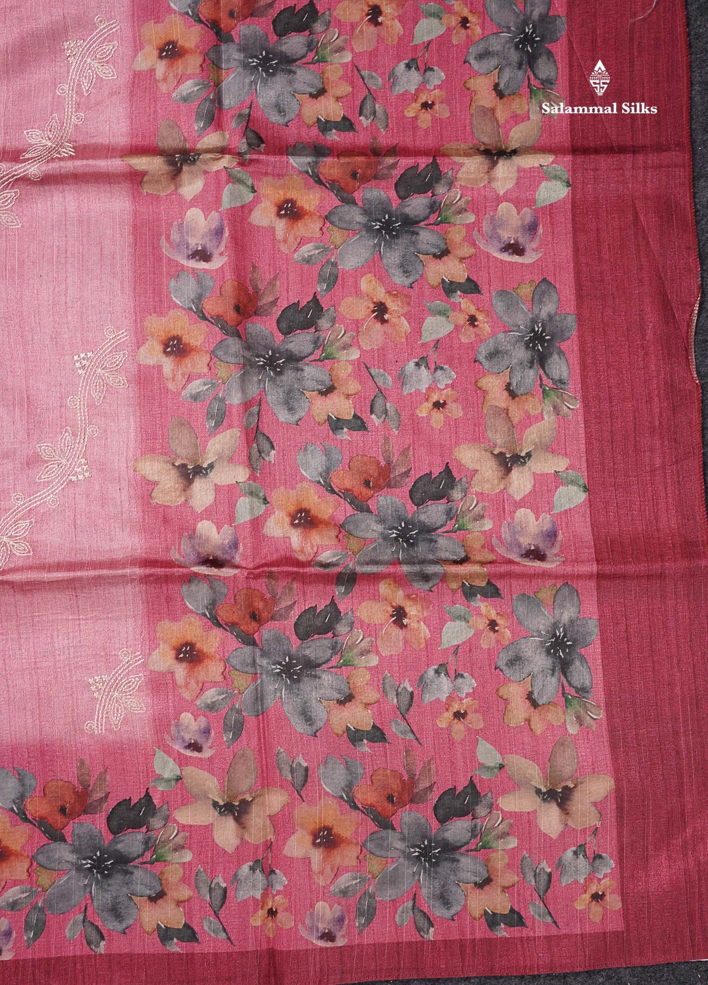 Beautiful Baby Pink Embroidery Work Semi Tussar Saree With Contrast Light Maroon Fancy Border
