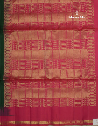 Bottle Green Pure Kanjivaram Soft Silk Saree With Contrast Pink Small Traditional Border
