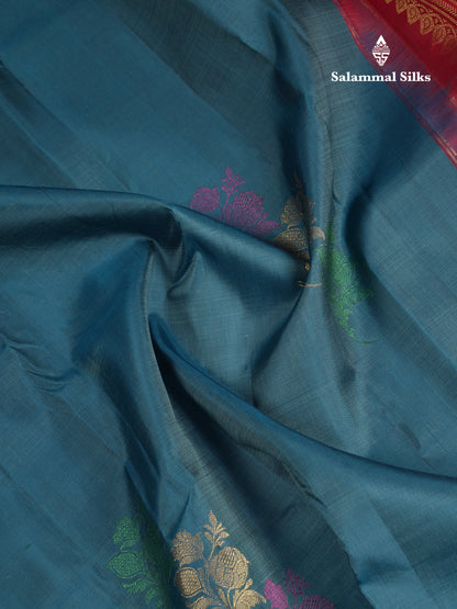 Beautiful Ramar Blue Fancy Pure Kanjivaram Silk Saree With Contrast Dark Maroon Blouse