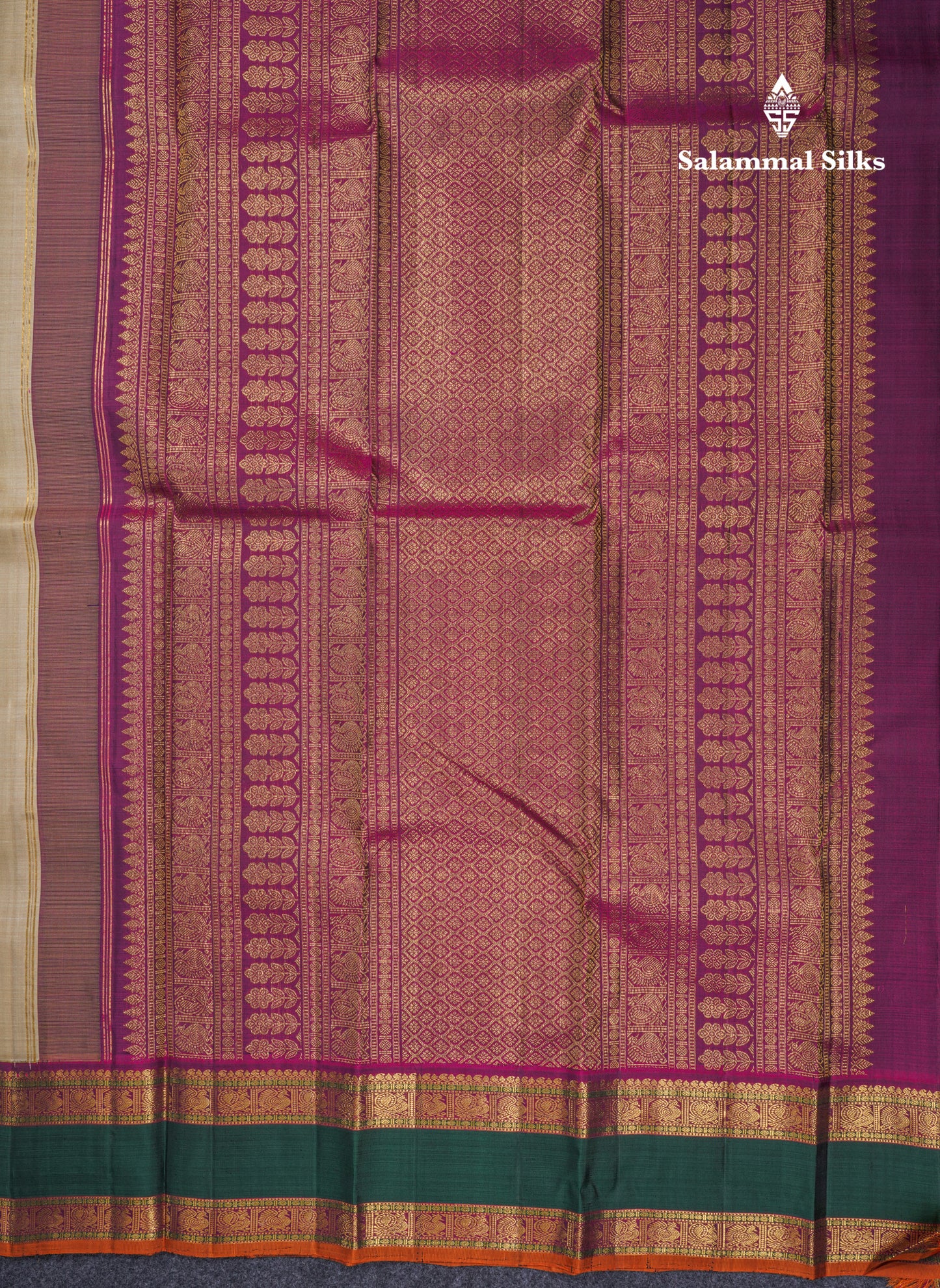 Korvai Beautiful Beige Pure Kanjivaram Silk Saree With Traditional Multicolour Border