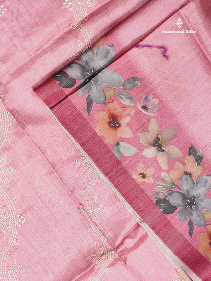 Beautiful Baby Pink Embroidery Work Semi Tussar Saree With Contrast Light Maroon Fancy Border
