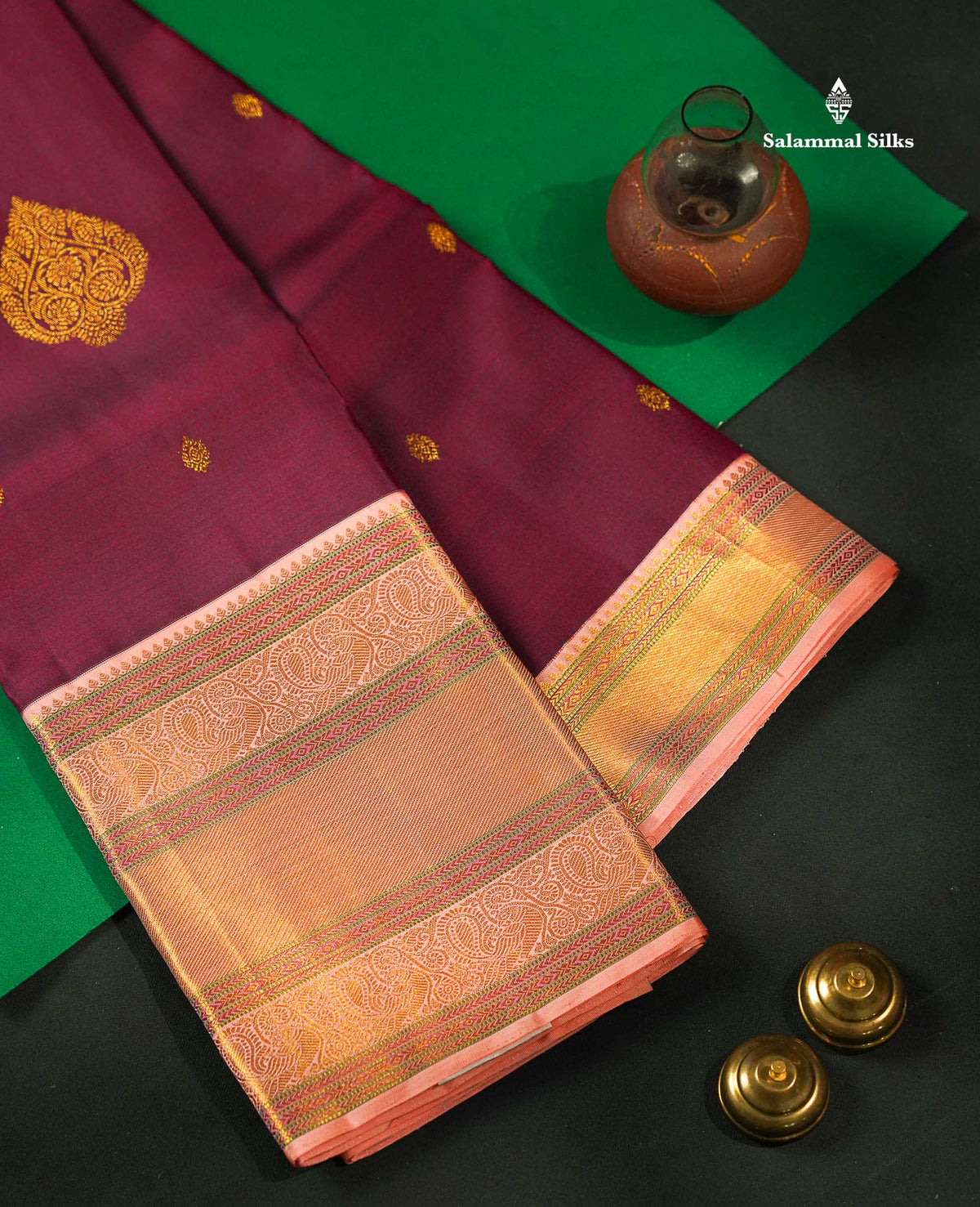 Korvai Beautiful Magenta Pure Kanjivaram Silk Saree With Contrast Dark Peach Traditional Evening Morning Border