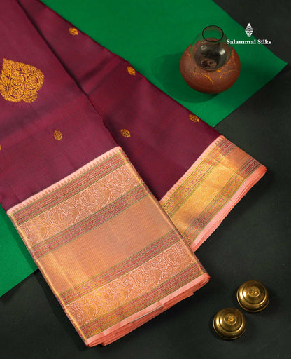 Korvai Beautiful Magenta Pure Kanjivaram Silk Saree With Contrast Dark Peach Traditional Evening Morning Border
