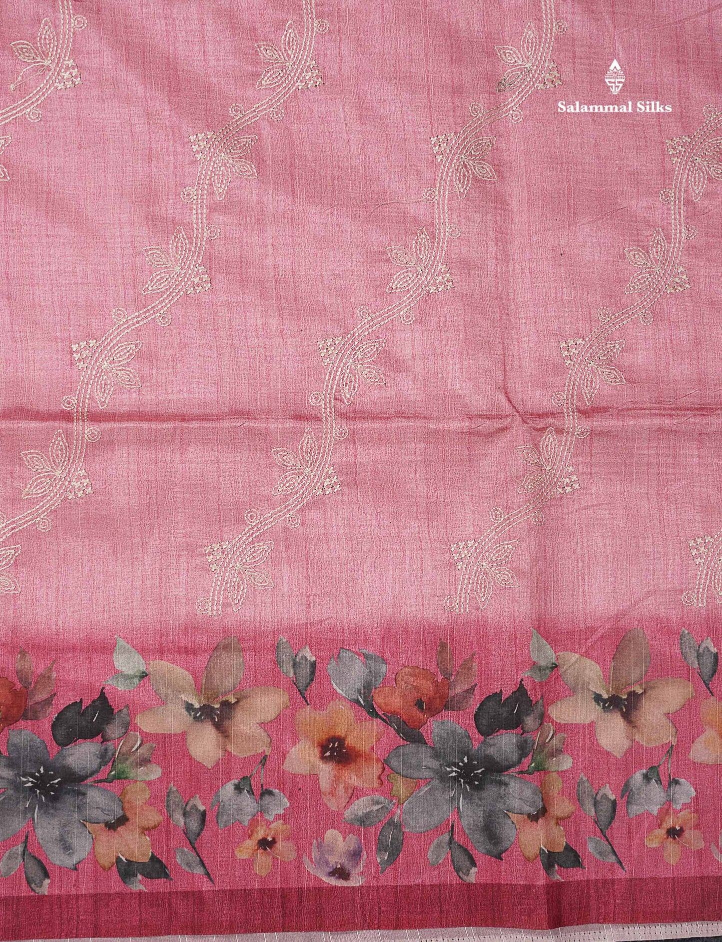 Beautiful Baby Pink Embroidery Work Semi Tussar Saree With Contrast Light Maroon Fancy Border