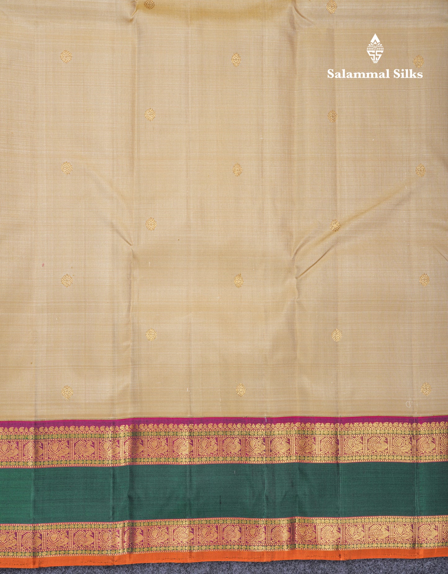 Korvai Beautiful Beige Pure Kanjivaram Silk Saree With Traditional Multicolour Border