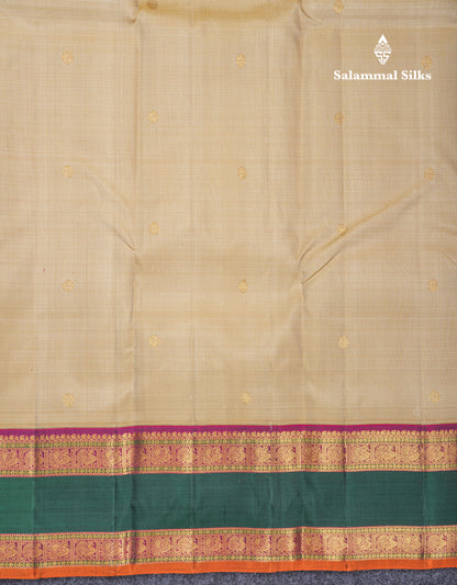 Korvai Beautiful Beige Pure Kanjivaram Silk Saree With Traditional Multicolour Border