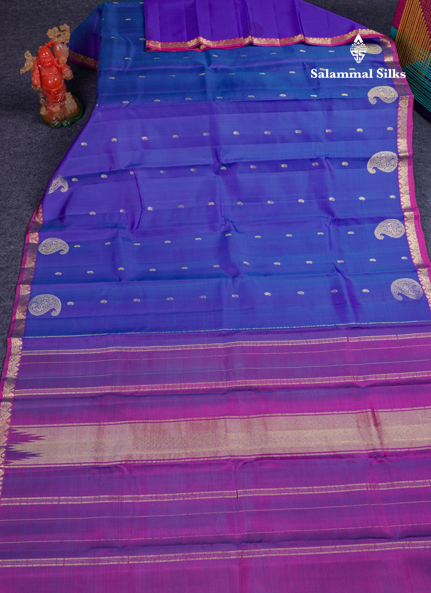 Beautiful Dual Tone Peacock Blue Pure Kanjivaram Silk Saree With Contrast Vadamalli Traditional Small Border