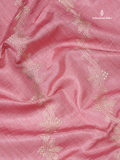 Beautiful Baby Pink Embroidery Work Semi Tussar Saree With Contrast Light Maroon Fancy Border