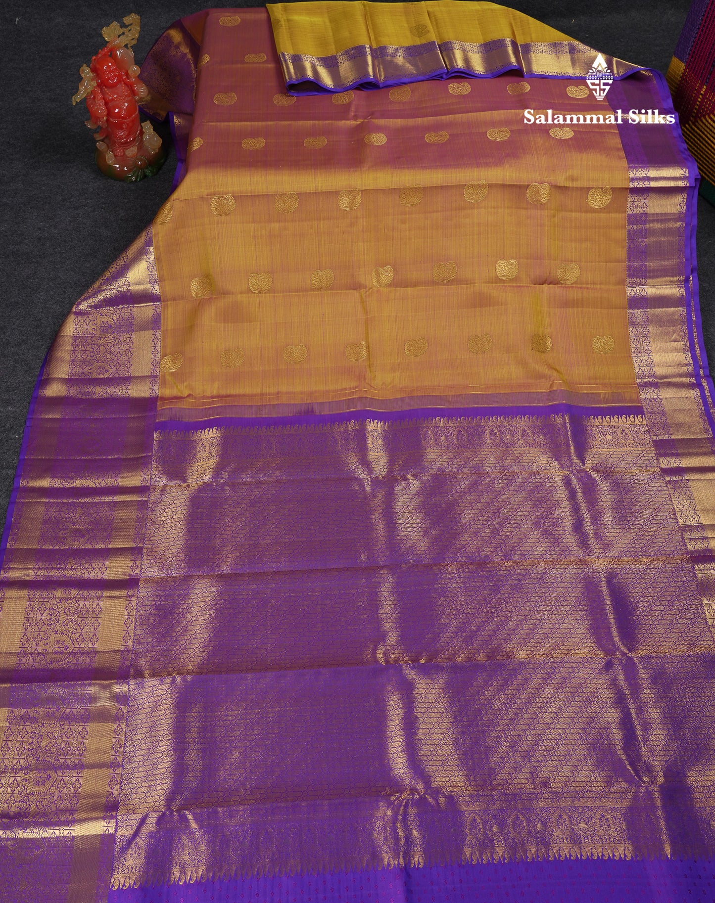 Beautiful Mustard Yellow Pure Kanjivaram Silk Saree With Contrast Violet Traditional Evening Morning Border