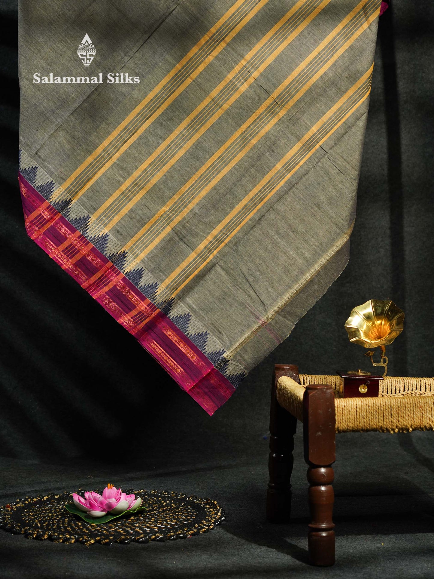 Beautiful Grey Plain Pure Chettinad  Cotton Saree With Violet Thread Work Traditional Temple And Double Border