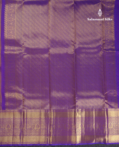 Beautiful Mustard Yellow Pure Kanjivaram Silk Saree With Contrast Violet Traditional Evening Morning Border
