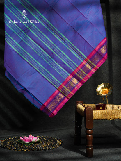 Beautiful Magenta Plain Chettinad Pure Cotton Saree With Violet Traditional Border