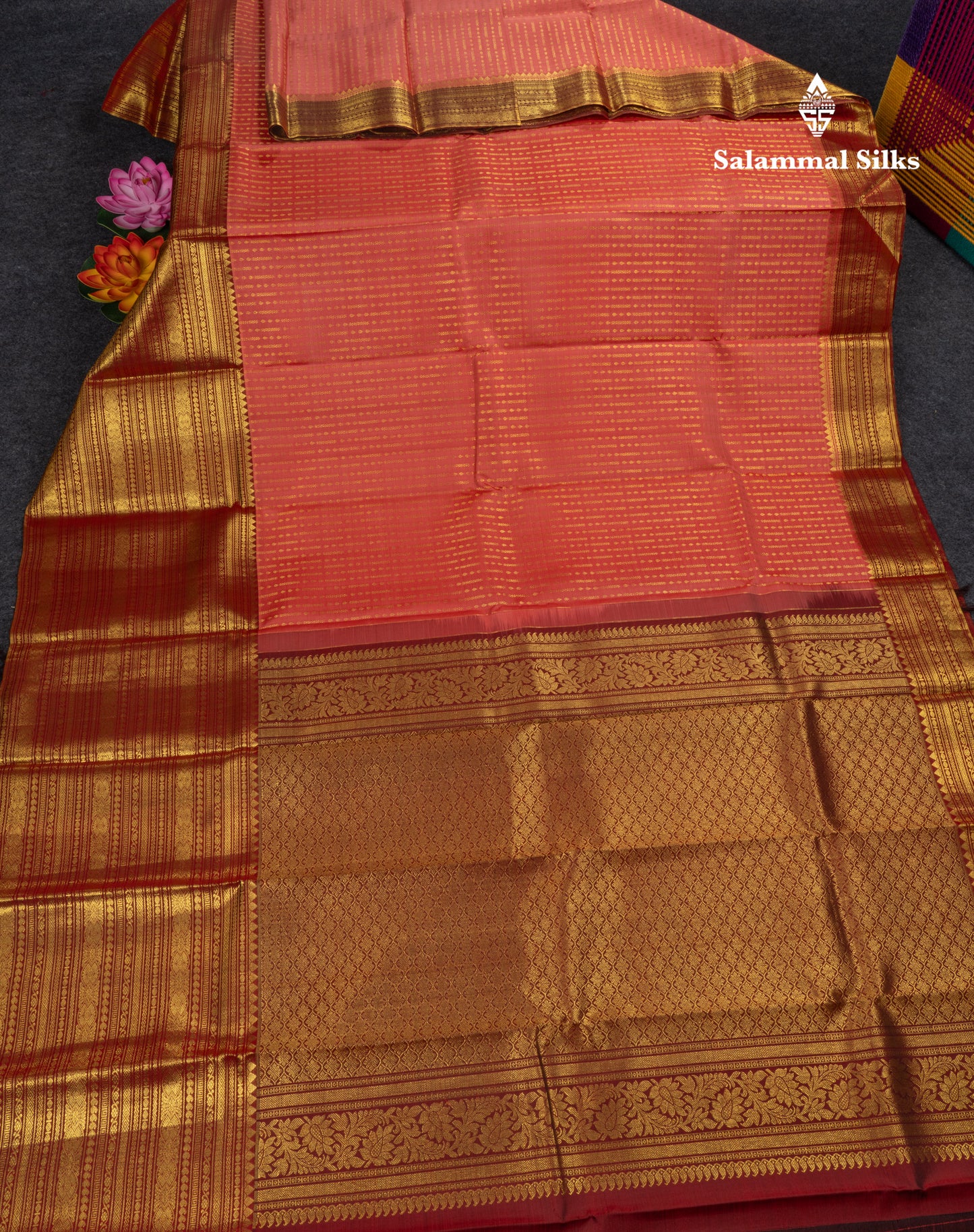Kanjivaram Beautiful Pinkish Peach Pure Silk Saree With Maroon Long Border