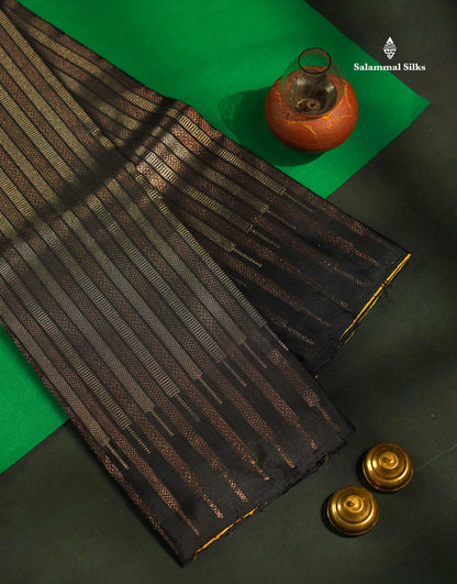 Beautiful Black Fancy Pure Kanjivaram Silk Saree With Contrast Yellow Blouse