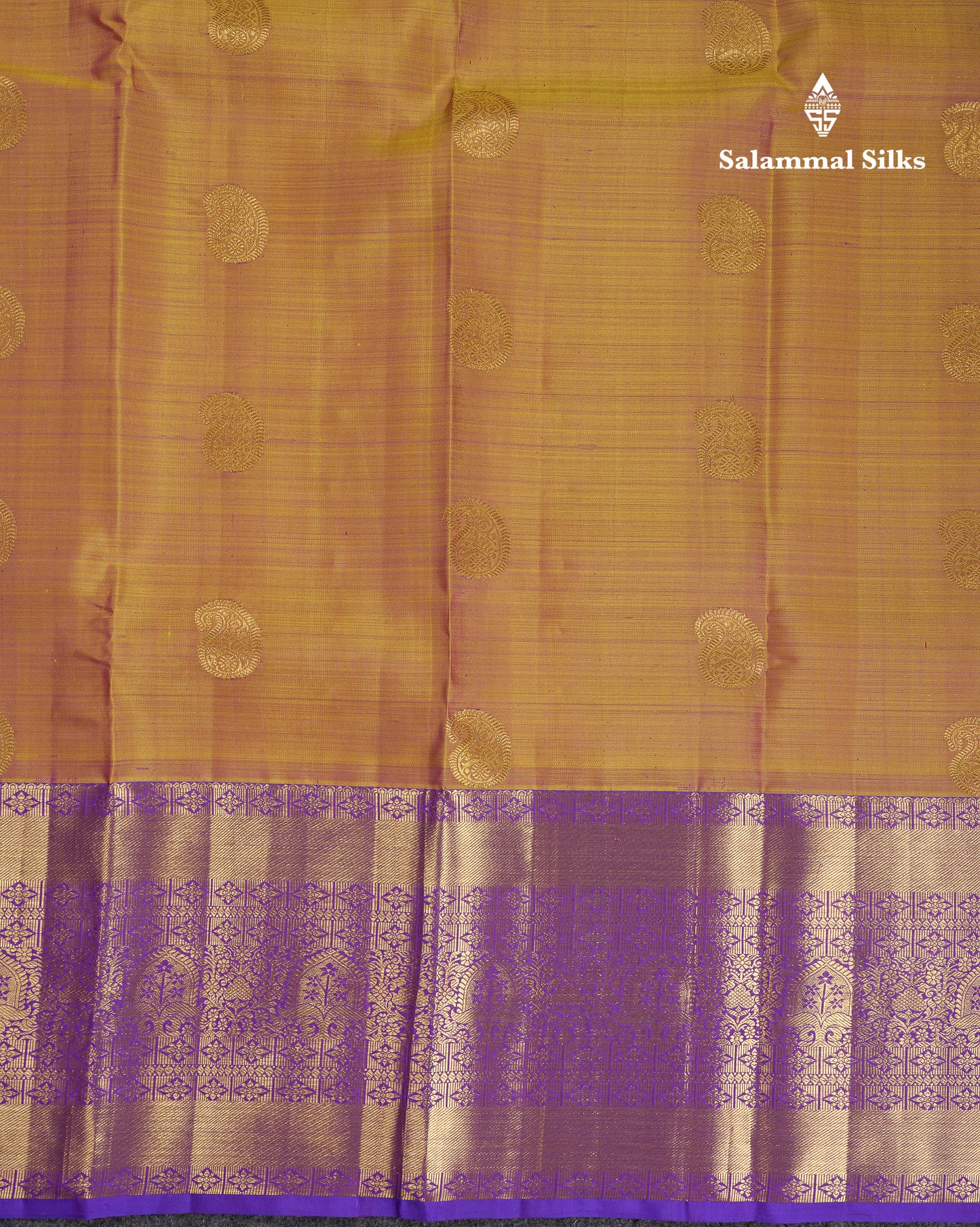 Beautiful Mustard Yellow Pure Kanjivaram Silk Saree With Contrast Violet Traditional Evening Morning Border