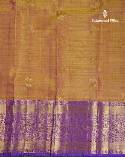 Beautiful Mustard Yellow Pure Kanjivaram Silk Saree With Contrast Violet Traditional Evening Morning Border