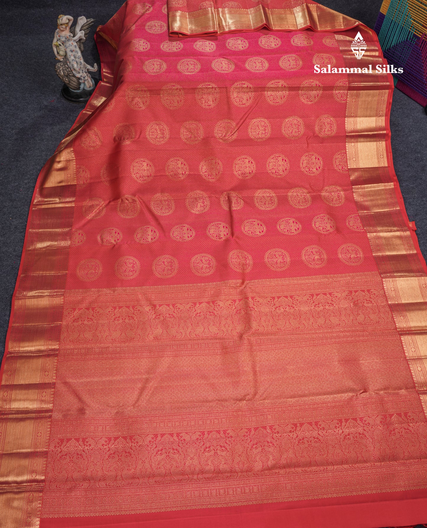 Reddish Pink Vairaoosi Checks And Traditional Buttas Grand Bridal Pure Kanjivaram Silk Saree With Self Border