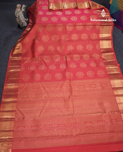 Reddish Pink Vairaoosi Checks And Traditional Buttas Grand Bridal Pure Kanjivaram Silk Saree With Self Border
