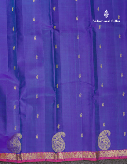 Beautiful Dual Tone Peacock Blue Pure Kanjivaram Silk Saree With Contrast Vadamalli Traditional Small Border